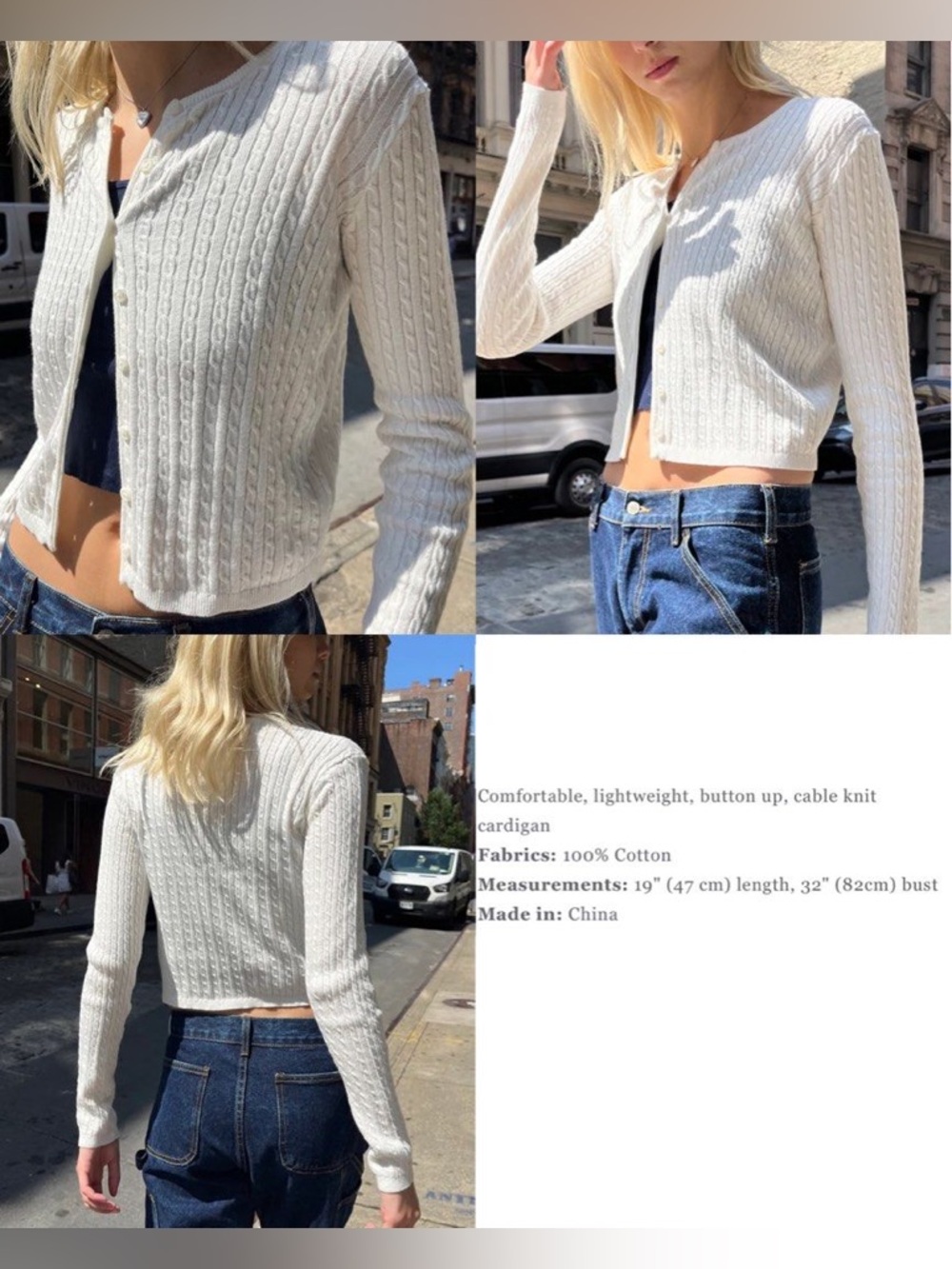 Brandy Melville/John Galt Light Gray Cable-Knit Button Zoe Cardigan
